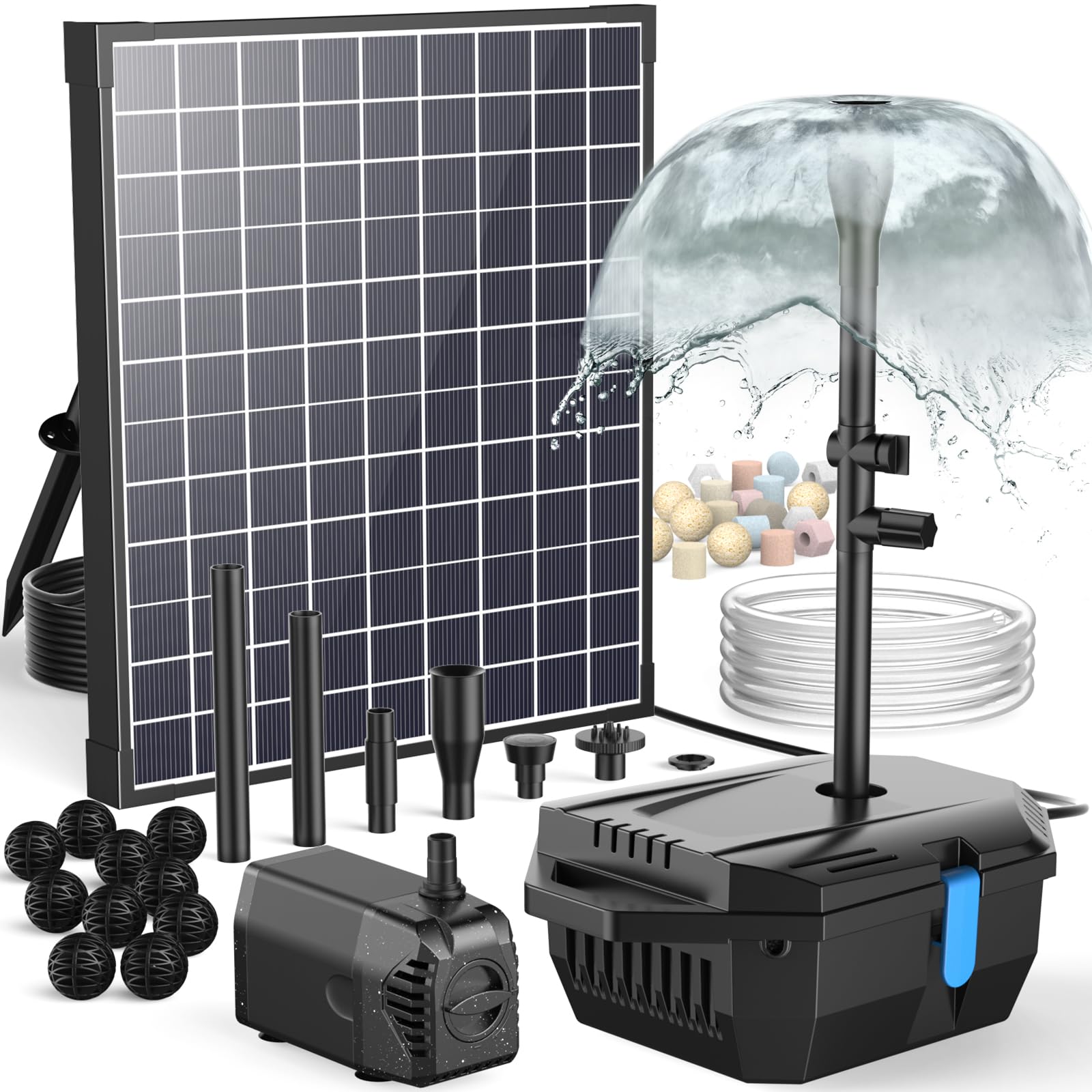 Antfraer Filtro solare per laghetto da 25 W con pompa dell'acqua, pompa solare per laghetto con tubo in PVC da 1,8 m, cavo da 16,5 m, scatola filtro per laghetto per piccoli laghetti, cascate