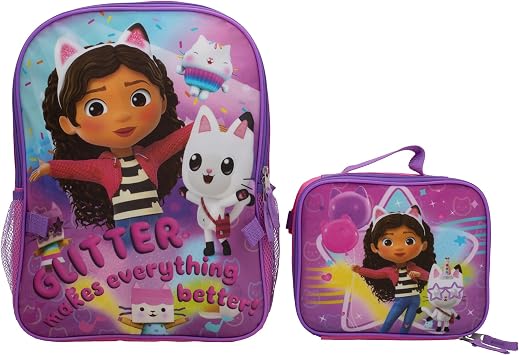 AI ACCESSORY INNOVATIONS Gabbys Dollhouse 2 Piece Backpack Set, Pre-School Girls 16" Travel Bag, Pink