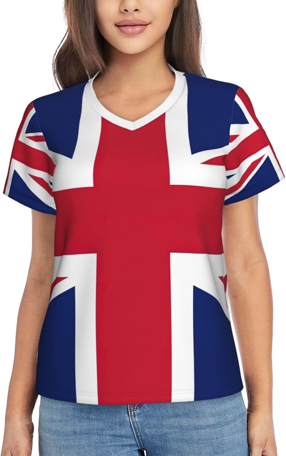 Womens UK Flag Print Short Sleeve V Neck T-Shirts Casual Breathable Tee Basic Summer Tops 2026