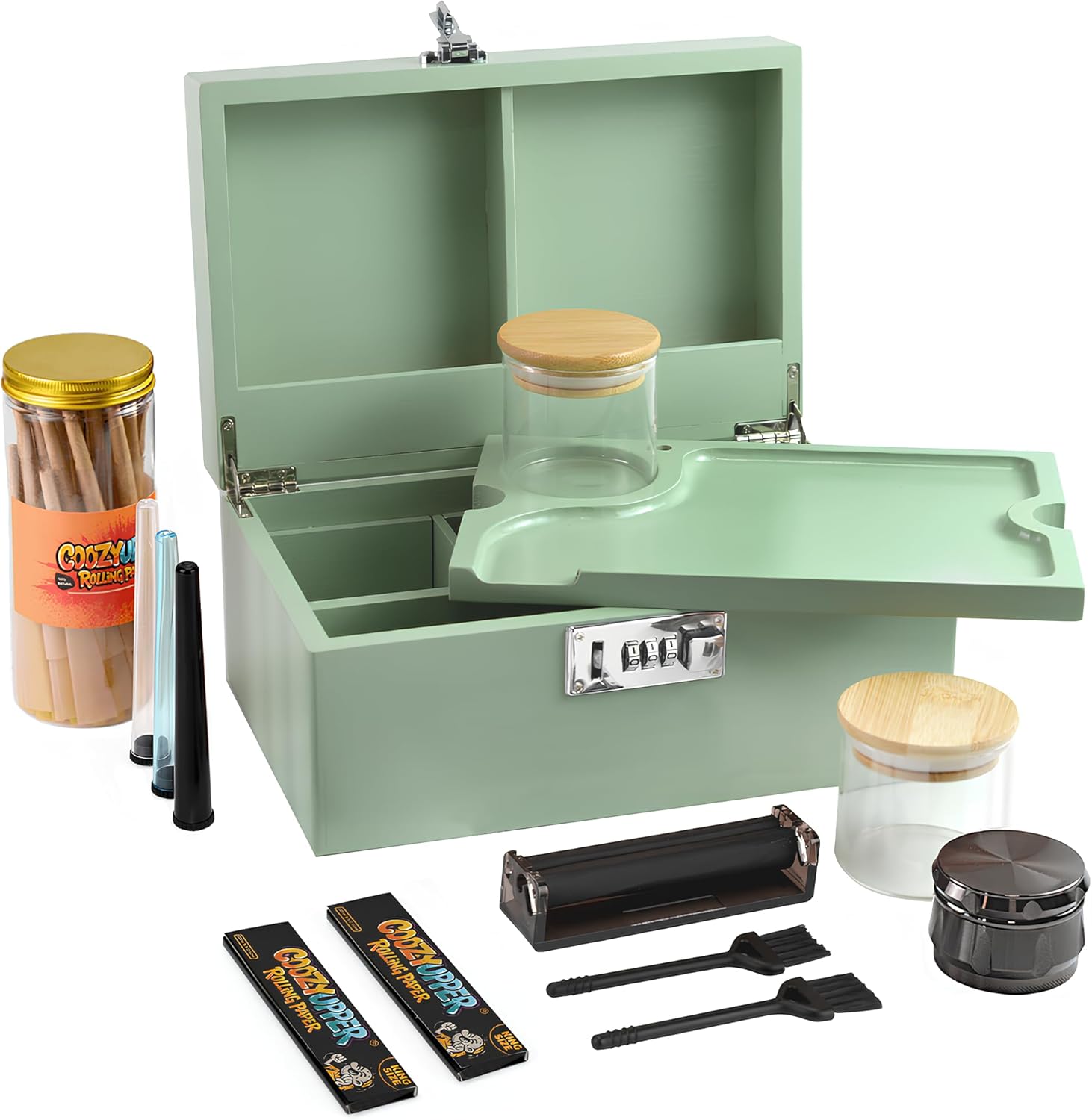Large Bamboo Storage Box with Removable Tray Kit - Decorative Box Set, Glass Jars, and Accessories Wooden Storage Kit and Accessories Tool.Birthday Gifts. (SecureLock, Green)