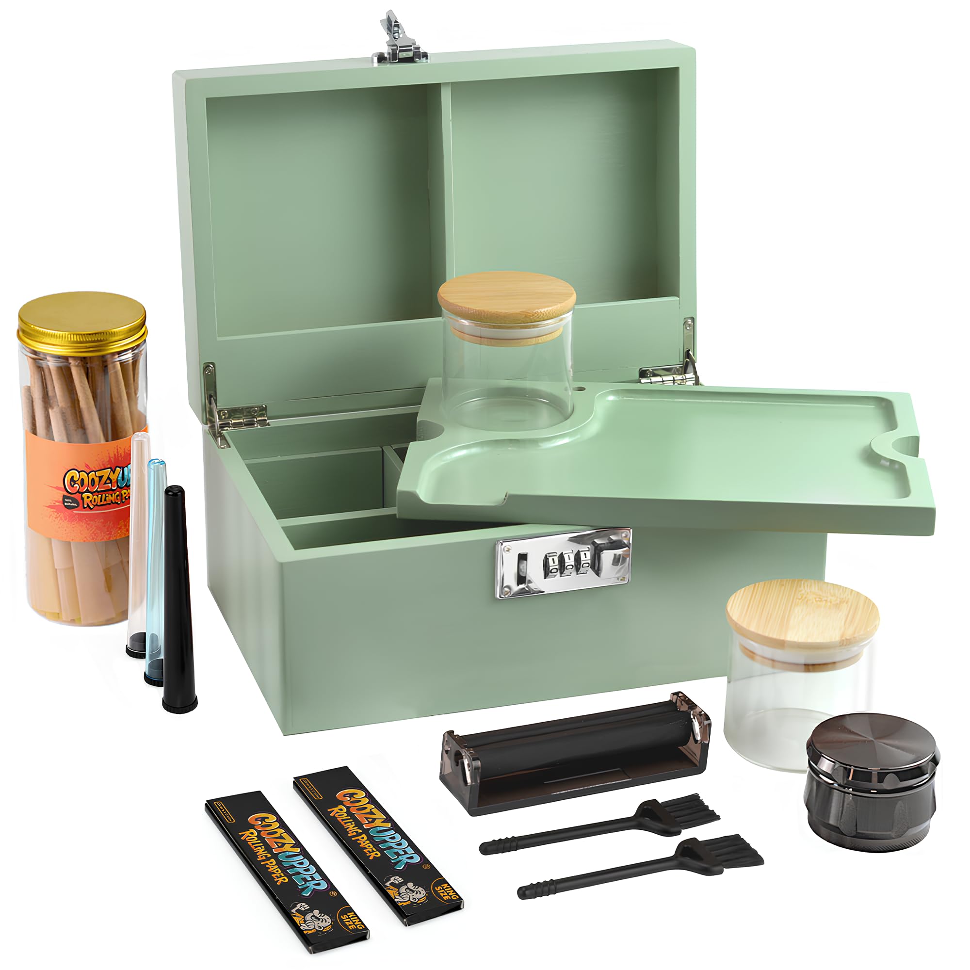 Large Bamboo Storage Box with Removable Tray Kit - Decorative Box Set, Glass Jars, and Accessories Wooden Storage Kit and Accessories Tool.Birthday Gifts. (SecureLock, Green)