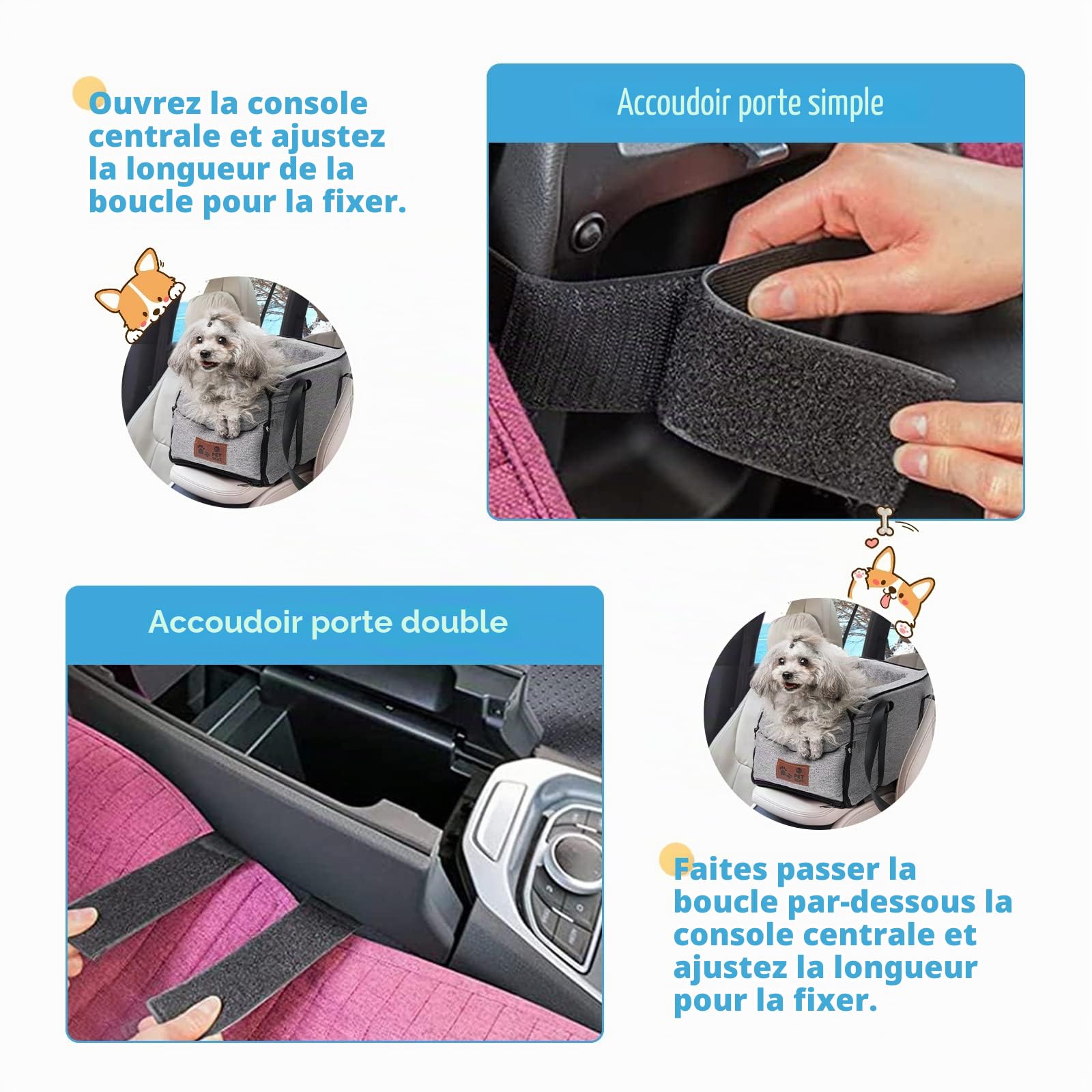 Siège de voiture pour chiens de petite taille, siège rehausseur de voiture amovible et lavable pour petits animaux jusqu'à 6.1 kg, console centrale, chiens et chats, maison, voyage (gris)