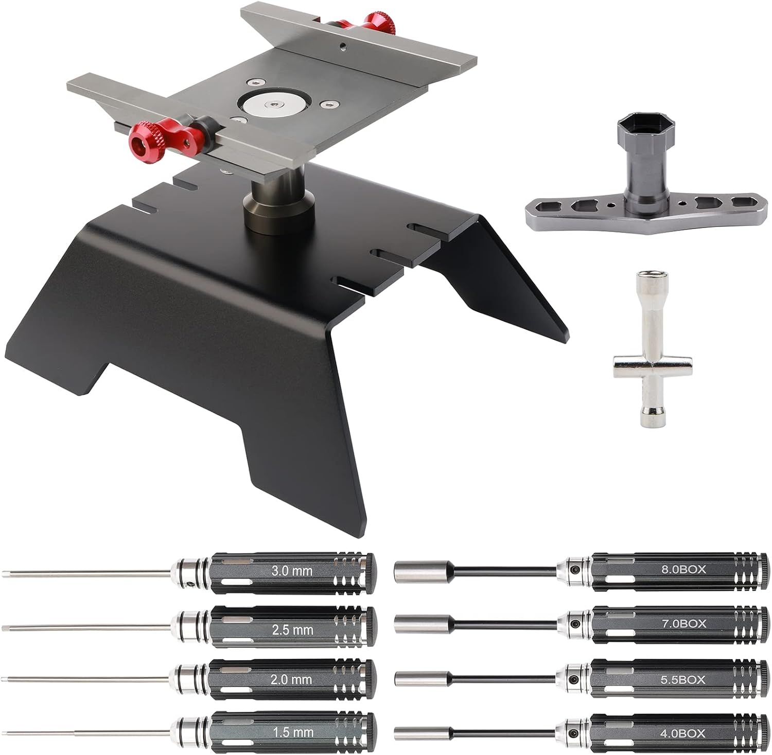 RC Car Tool Kit Black RC Work Stand & Hex Screwdrivers Nut Drivers Set & Cross Wrench Wheel Nut Wrench Tools Combo for 1/10 1/8 RC Car Rock Crawler Truck