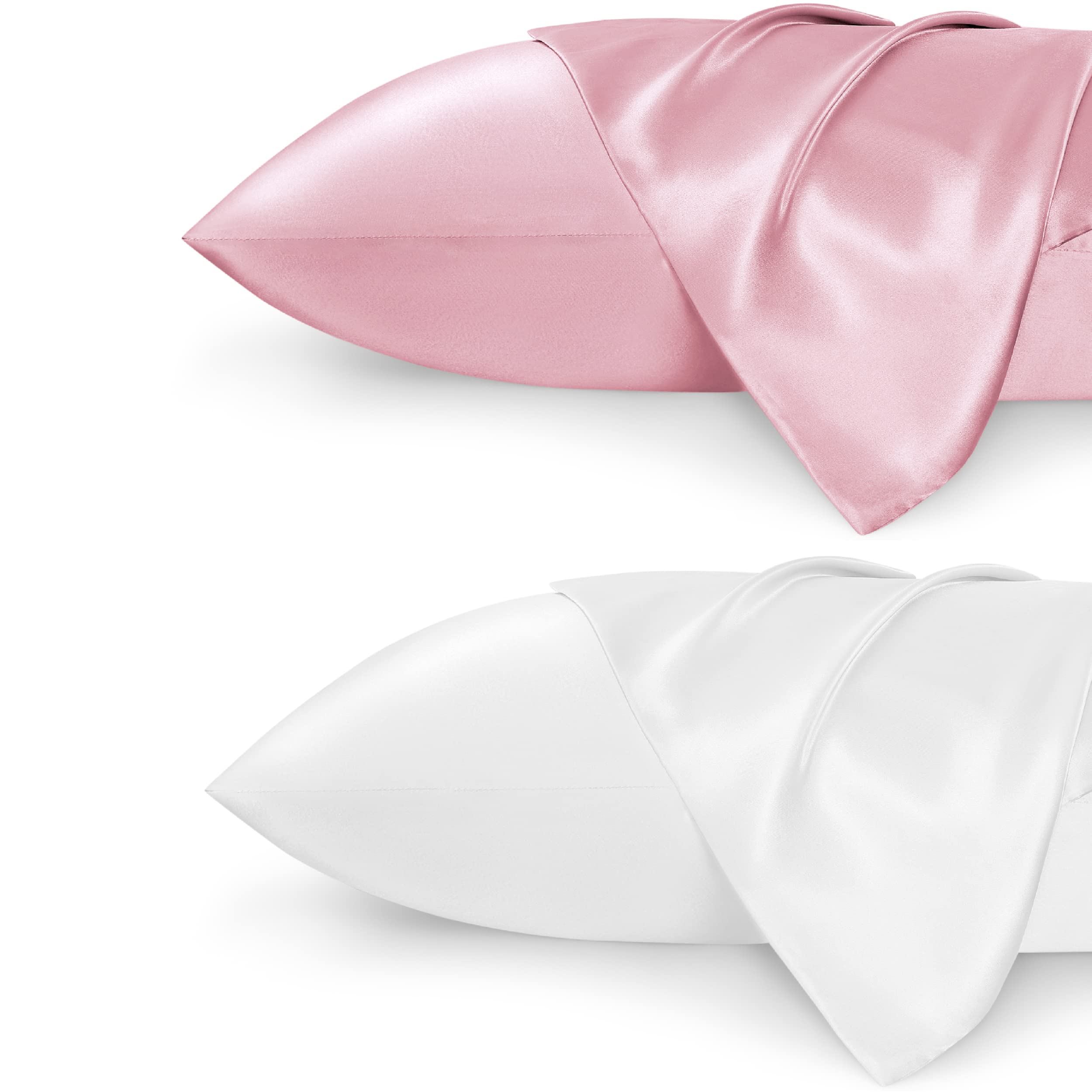 BedsureSatin Pillowcase for Hair and Skin Standard - Silk Pillowcase 2 Pack 20x26 inches with Envelope Closure, Pink and White