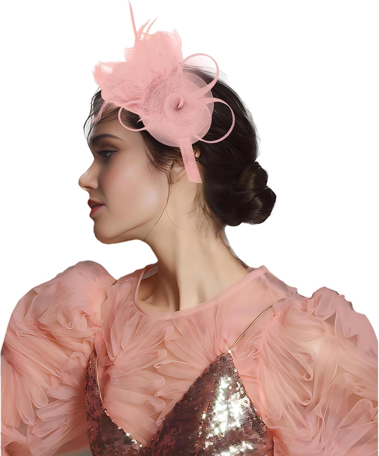 Fascinators Hats for Women Tea Party Pink Derby Hats for Women Feather Tulle Fascinator with Headband and Clip for Cocktail, Wedding, Fancy Dress Party - Image 4