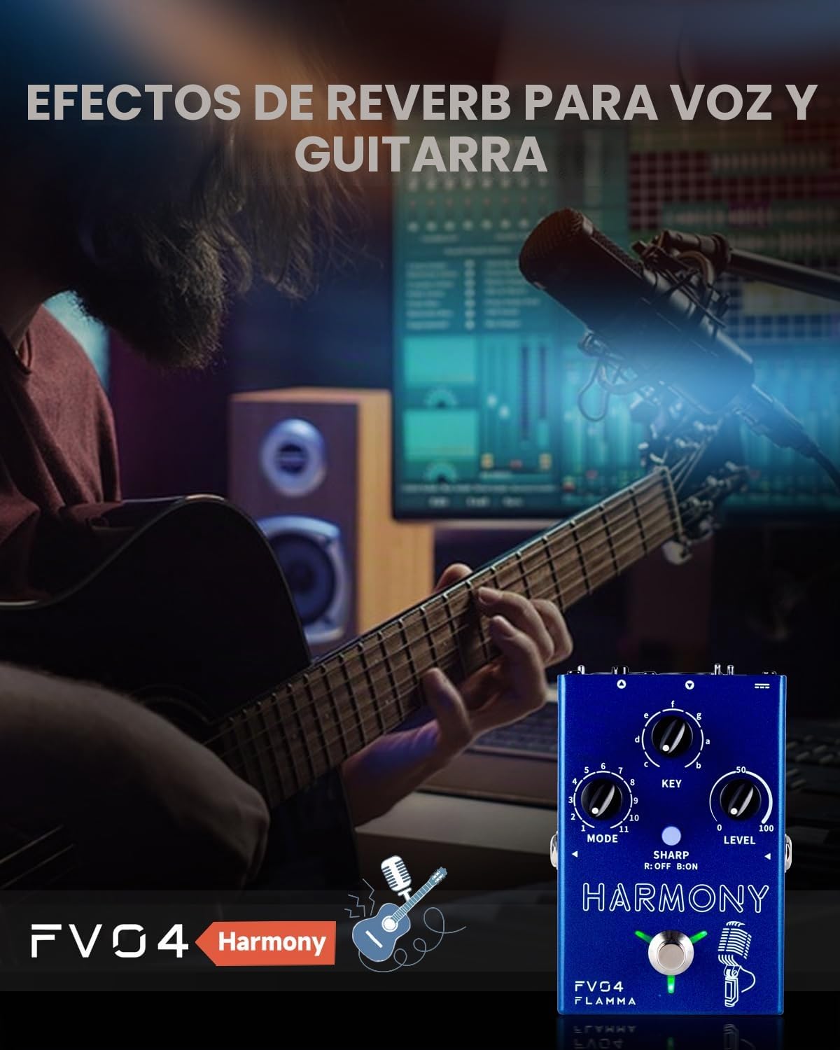 FLAMMA Pedal de armonía vocal FV04, procesador de efectos vocales, armonizador de micrófono de voz Stompbox con reverberación, 12 tonos con 11 modos de armonía diferentes, todo en uno para grabación