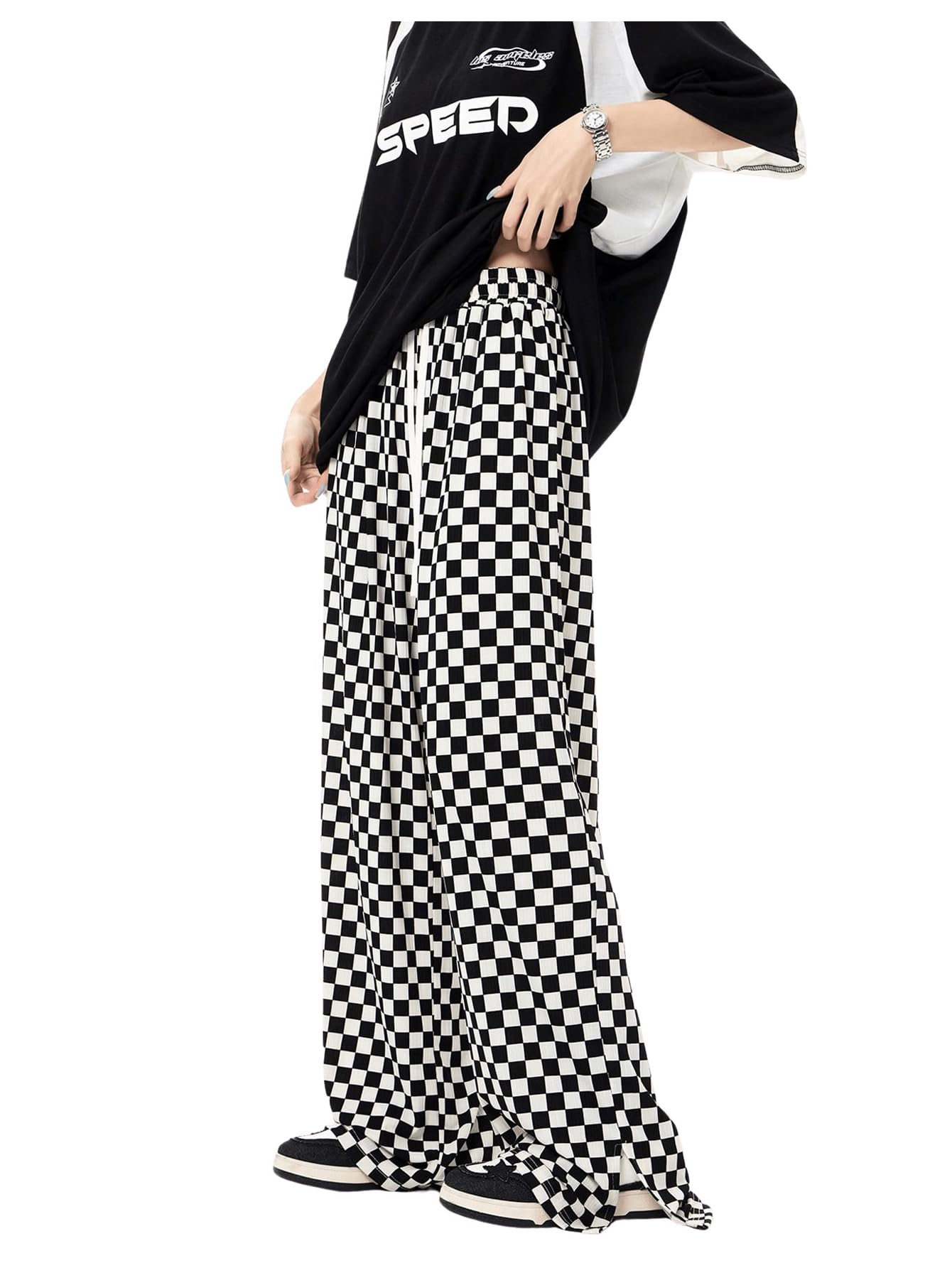 Floerns Womens Checker Print Drawstring High Waist Streetwear Straight Leg Pants