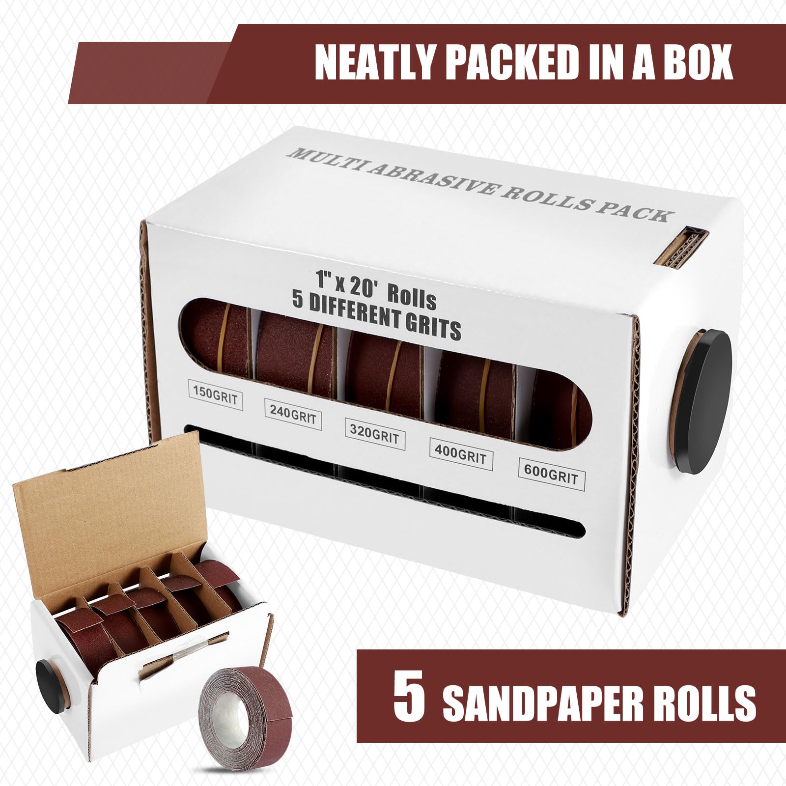 Schleifpapier Rolle mit Spenderbox für Holz & Metall (1) | Schmirgelpapier-Set in 5 Körnungen (150-600). Jede Schleifband-Rolle misst 25 mm x 6 m. Ideal für Heimwerker und DIY-Projekte