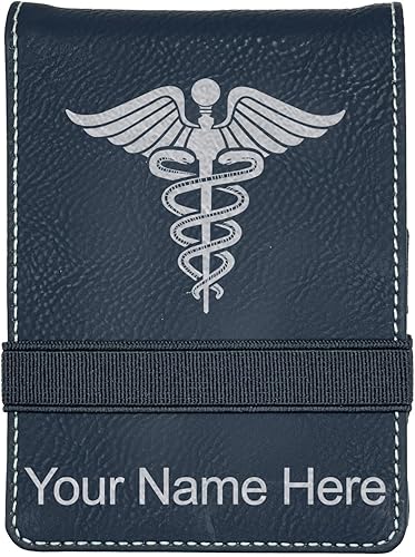 LaserGram Mini Padfolio con bloc de notas y bolígrafo, símbolo médico Caduceus, grabado personalizado incluido (negro con plata) producto de oficina