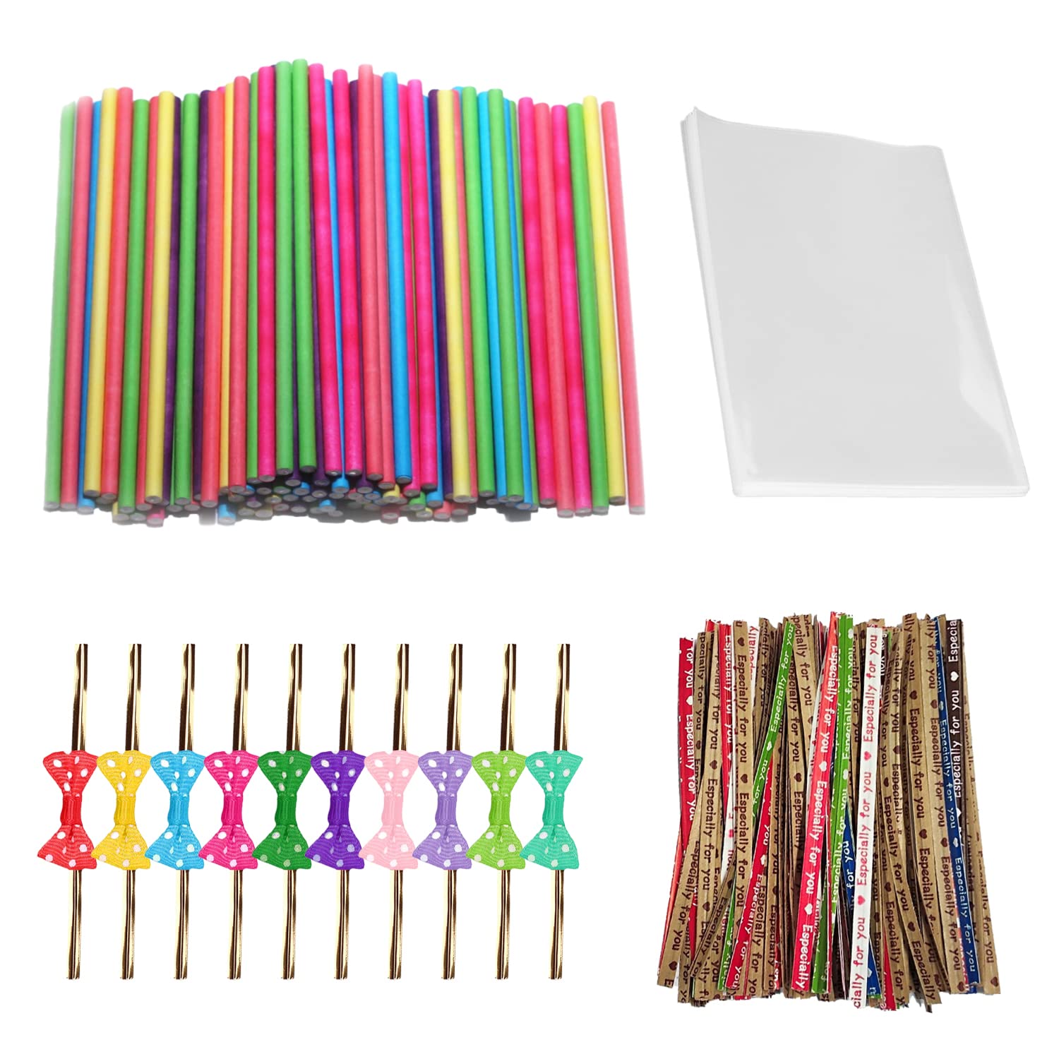 Zestaw patyczków Cake-Pop, 100 kolorowych łodyg Cake Pop, 100 przezroczystych płaskich woreczków, 100 krawatów ze skóry krowiej, 10 much, do produkcji słodyczy, ciast