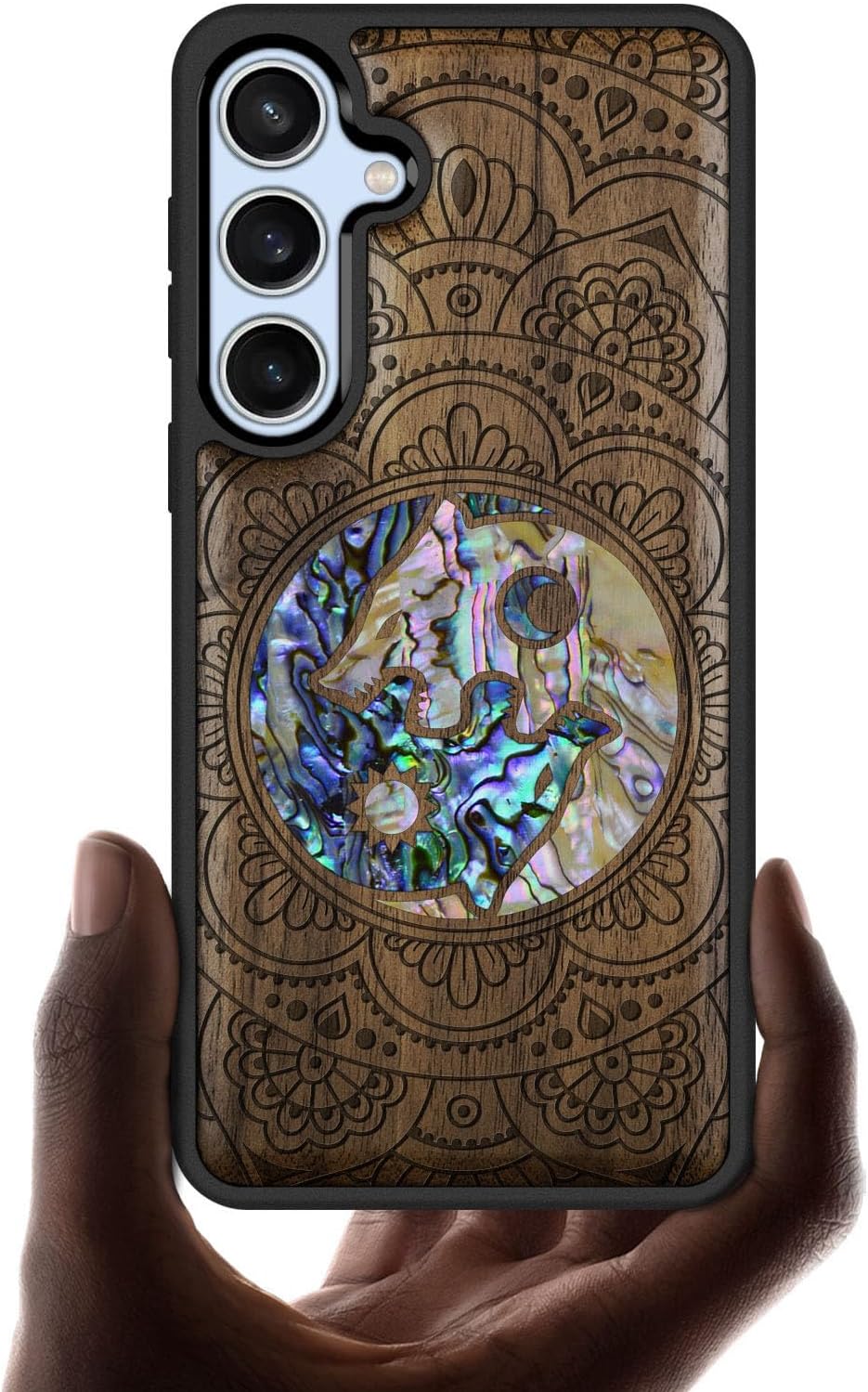 Carveit Designer Wooden Case for Samsung Galaxy S24 FE Case [Wood Engraving & Shell Inlay] Compatible with Wireless Chargers S24 FE Cover (Shell Yin Yang Wolf-Walnut)