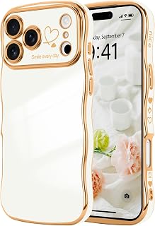 LCHULLE for iPhone 17 Pro Max Case for Women Girls, Cute Wave Frame Curly Shape with Love Heart Pattern Raised Camera Protection Cover Luxury Plating Shockproof Phone Case for iPhone 17 Pro Max, White