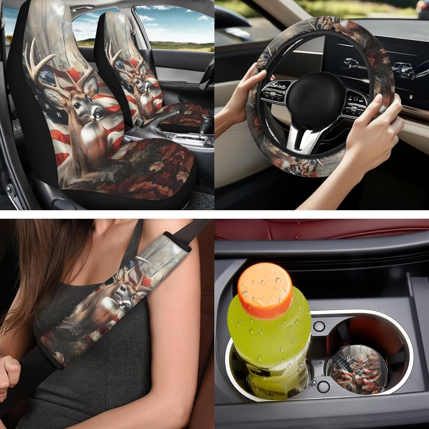 Bulopur Hunting Deer Camo Automotive Seat Covers with Car Steering Wheel Cover American Flag Elastic Armrest Cushion Pad Seat Belt Cushion Pad Keychain Automotive Interior Accessories Set