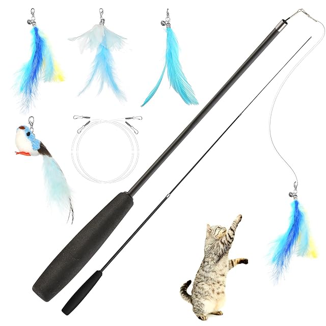 AiQInu Juguete para Gatos 5 Piezas, Caña de Pescar Retráctil Juguete Interactivos Gato