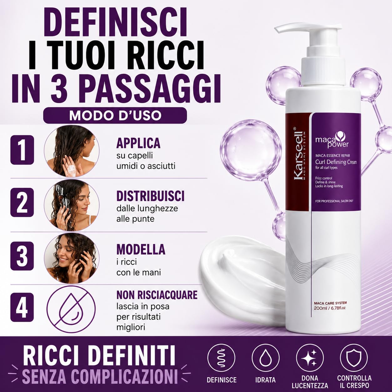 Karseell MACA CARE SYSTEM Crema Definizione Ricci Ravviva Boccoli Trattamento Idratante Riparatore Capelli Mossi Anticrespo Nutrizione Profonda Cheratina Olio Argan Oliva Mandorle Professionale 200ml