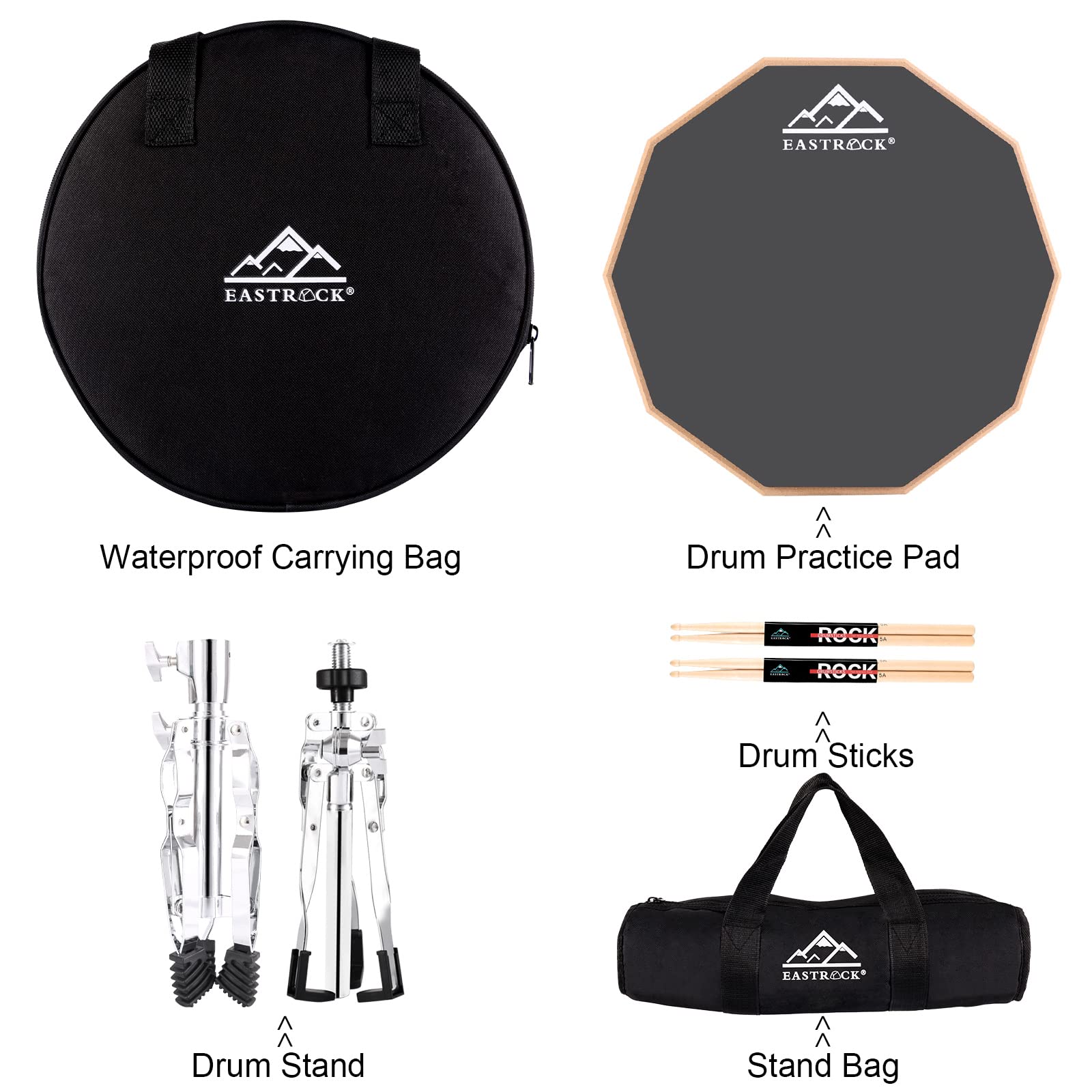 EASTROCK Schlagzeug-Übungspad,Drum Practice Pad 12 Zoll doppelseitig Kieselgel Übungspad mit Snare Drum Ständer Rucksack Drumsticks für erwachsene Anfänger Grau