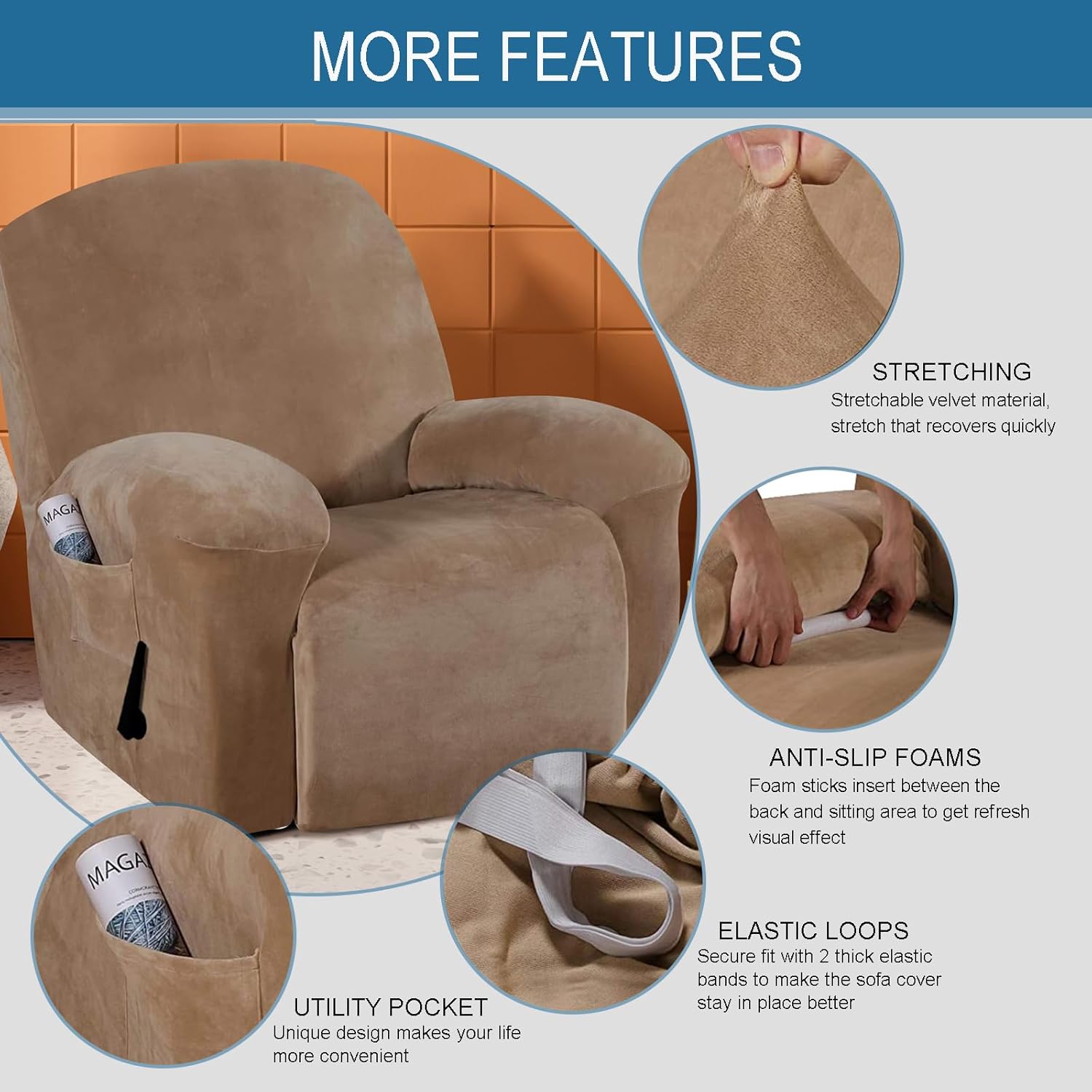 Recliner Cover 1 Seater All-Inclusive Recliner Chair Covers Non-Slip Reclining Sofa Slipcovers with Side Pocket, Dustproof Massage Sofa Seat Protector (Velvet 2,1 Seater(1 Piece))