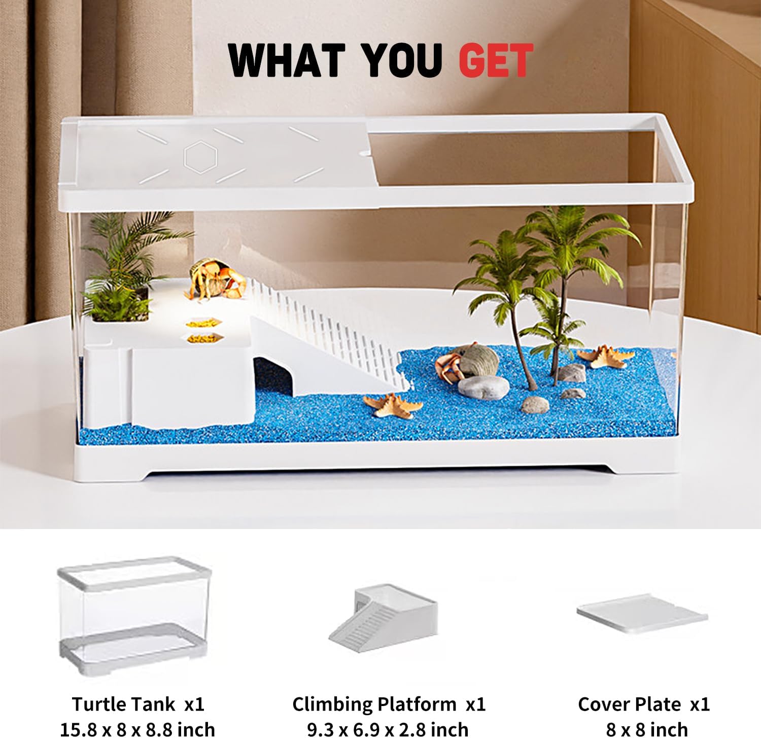 Turtle Fish Tank with Basking Platform and Bottom Drainage, 15.8" x 8" x 8.8" Aquatic Turtle Tank for Juvenile Turtle, Crayfish, Crabs, Amphibians, Reptiles, PC Material, White Color