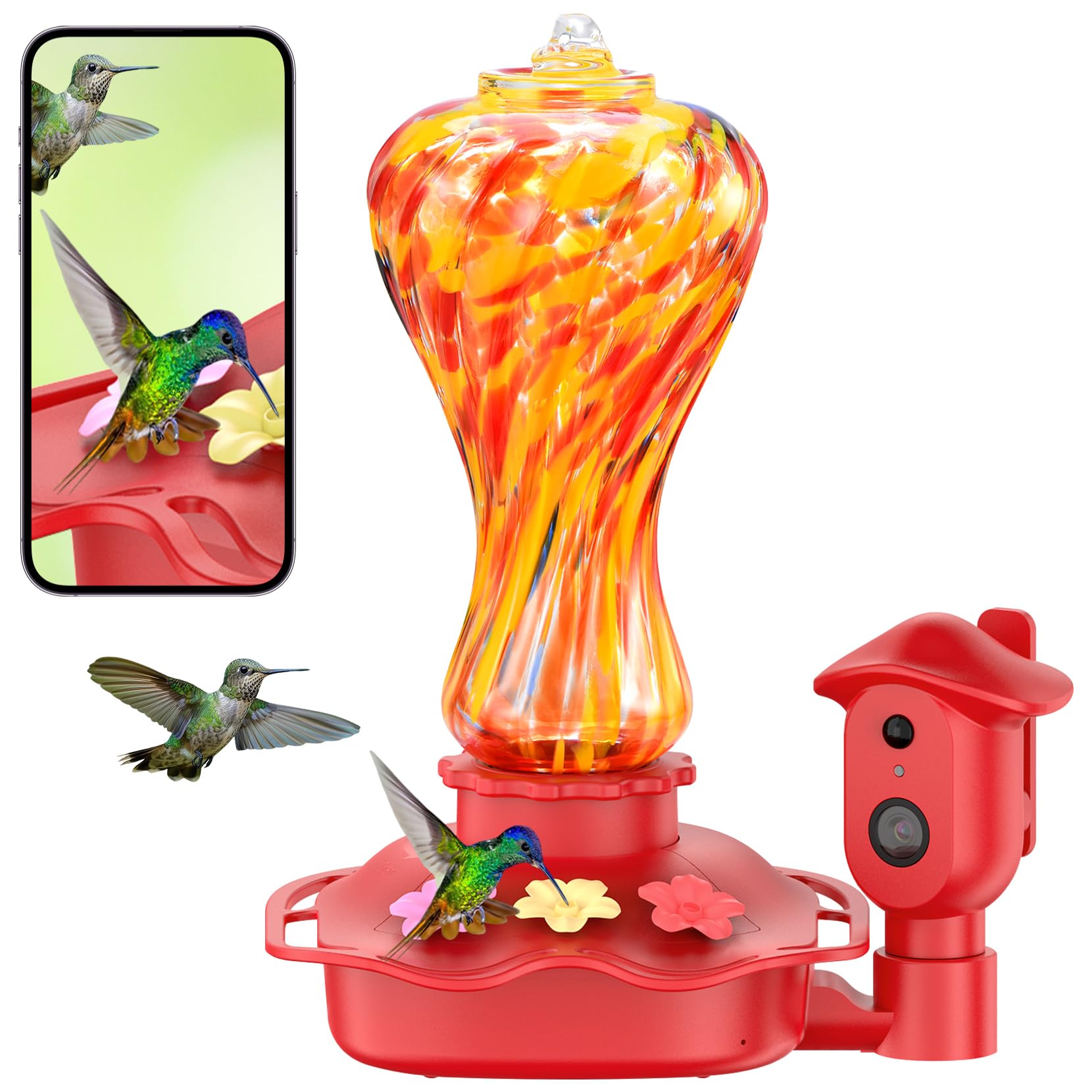 Photo 1 of Smart Glass Hummingbird Feeder with Camera, 2K HD Live View, 2.4GHz WiFi Only, Solar-Assisted Outdoor Bird Feeder, App Motion Alerts, AI Bird ID, Ant Moat, Easy Clean Drip-Resistant Nectar Feeder