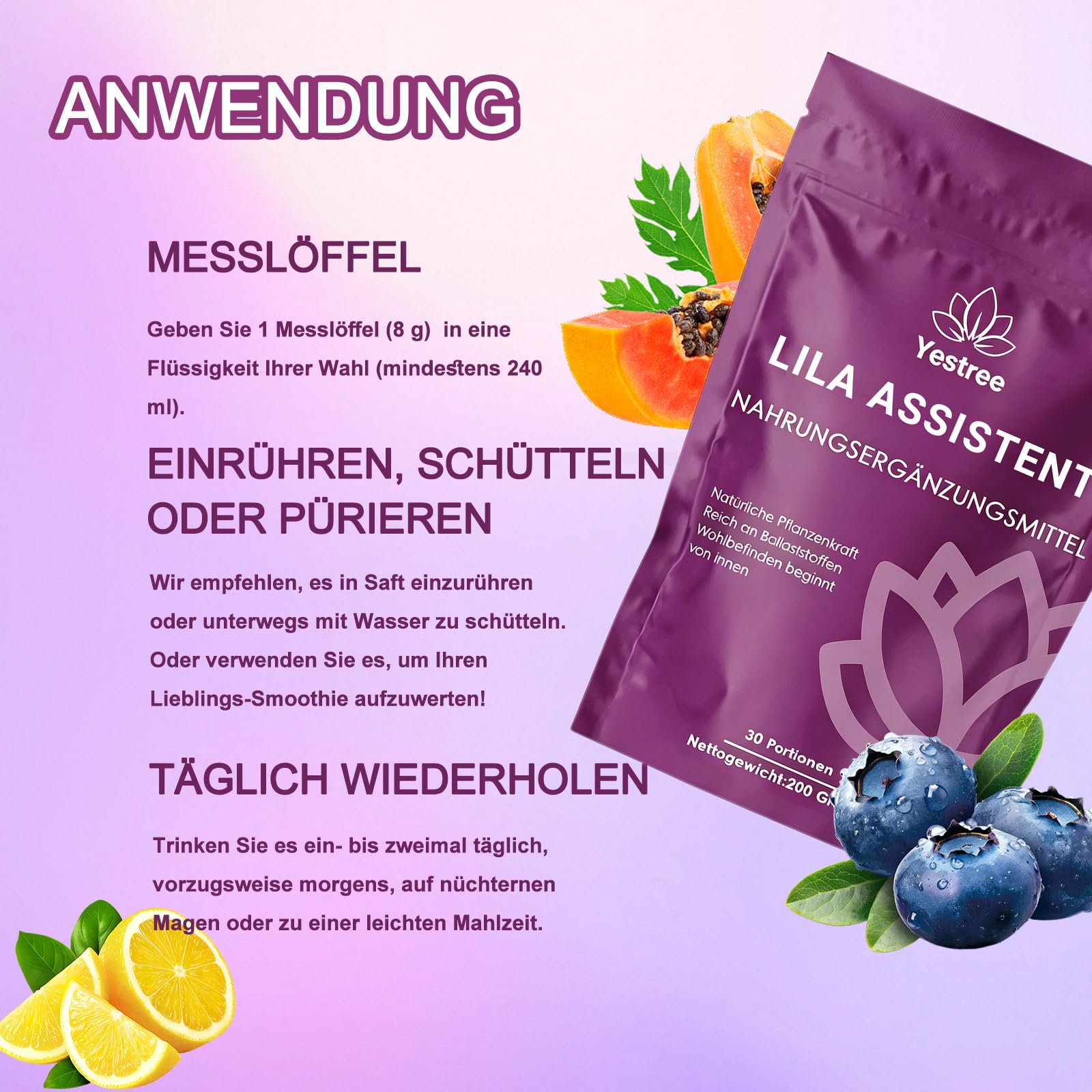 2 Pack Lila Superfood Pulver 200g – Lila Mix mit Aronia, Papaya, Heidelbeere, Inulin | Ballaststoffreich & Vegan | Natürliches Pflanzenpulver für Alltag & Ernährung