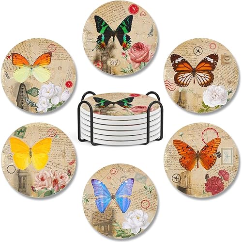 Paquete de 6 posavasos personalizados con diseño de mariposa, regalos de inauguración de la casa para el nuevo hogar, para mujeres y adultos, base