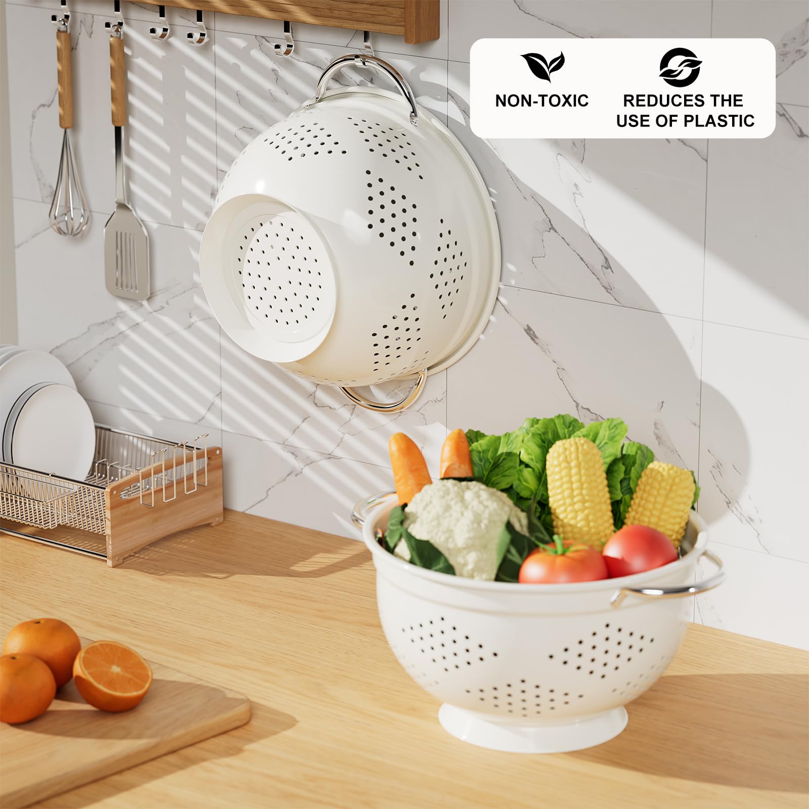 Juego de 2 coladores de metal, cesta coladora con asas de 2 y 3.5 cuartos de galón, perfecto para pasta, verduras, bayas, verduras, frutas, base sólida con recubrimiento en polvo, juego de coladores