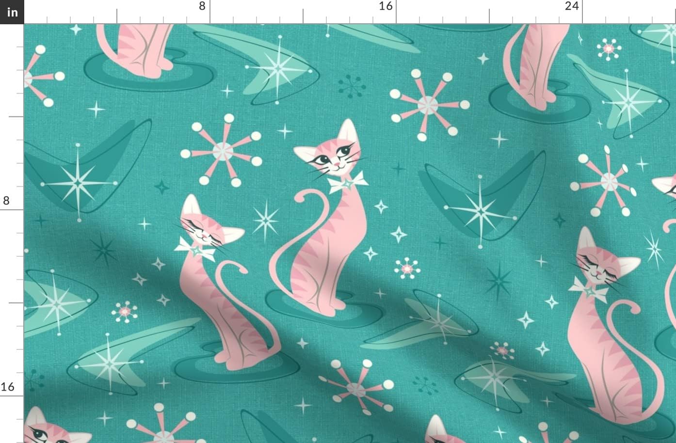 Spoonflower Fabric - Kitsch Kitten Turquoise Cat 1950S Cats Fifties Atomic Printed on Organic Cotton Sateen Fabric by The Yard - Sewing Quilting Apparel Home Decor