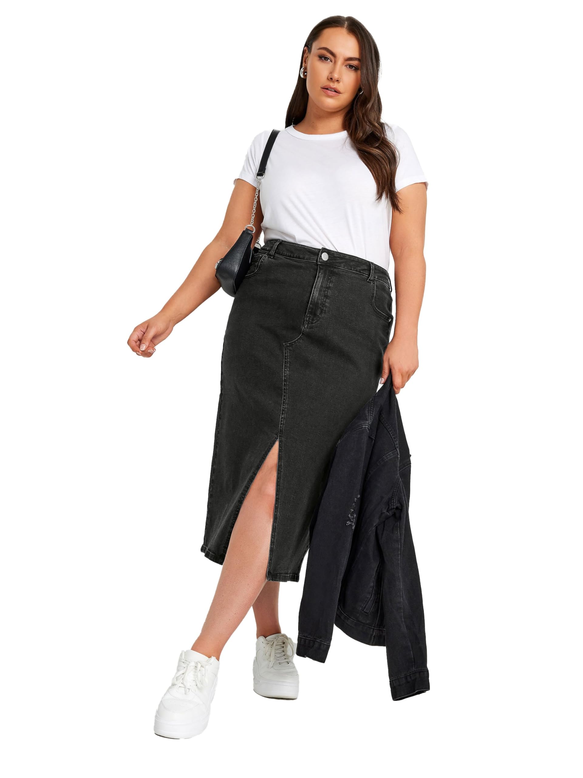 Yours Women's Black Curve Midi Stretch Denim Skirt - Plus Curve 26-28 Plus