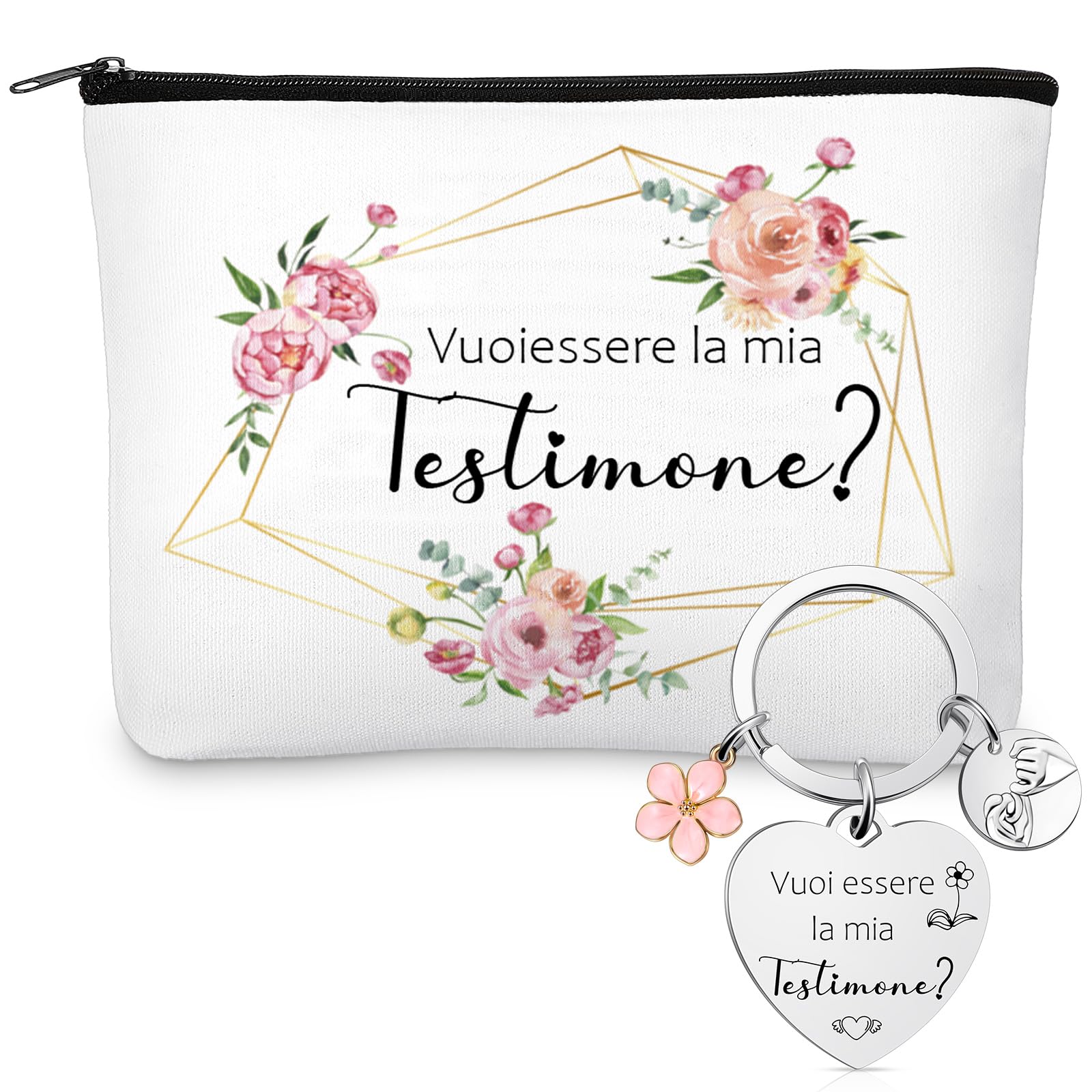 Tenare Set Regalo per Testimone di Nozze Borsa Cosmetica in Tela e Portachiavi con Scritta Vuoi Essere la Mia Testimone Regalo per Damigella d'Onore Rischiesta Proposta Testimone di Nozze