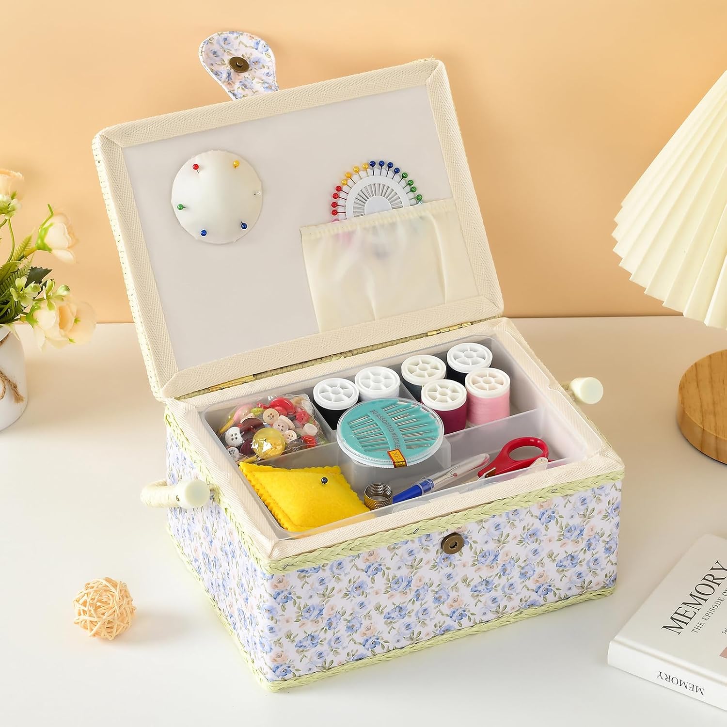 Sewing Basket - Sewing Box for Sewing Supplies, Sewing Organizer Box Sewing Kit Storage Christmas Gift for Sewing Enthusiast (Pale Blue Flowers)