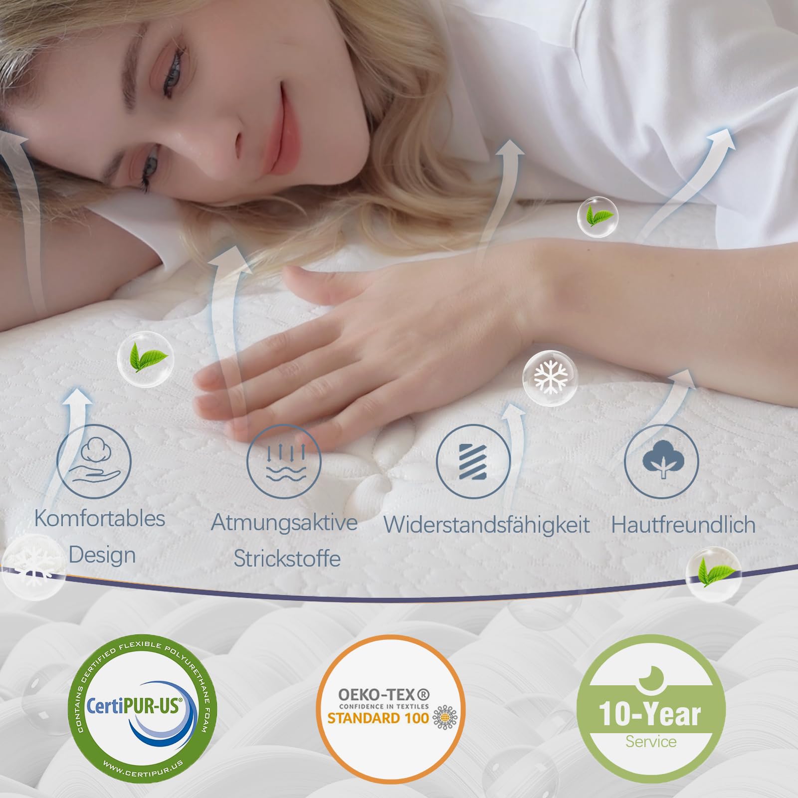 Matelas 160 x 200 cm, 36 cm, H3, hauteur 7 zones, matelas orthopédique à ressorts ensachés, avec couche en mousse à mémoire de forme confortable, certifié Oeko-Tex, 101 nuits