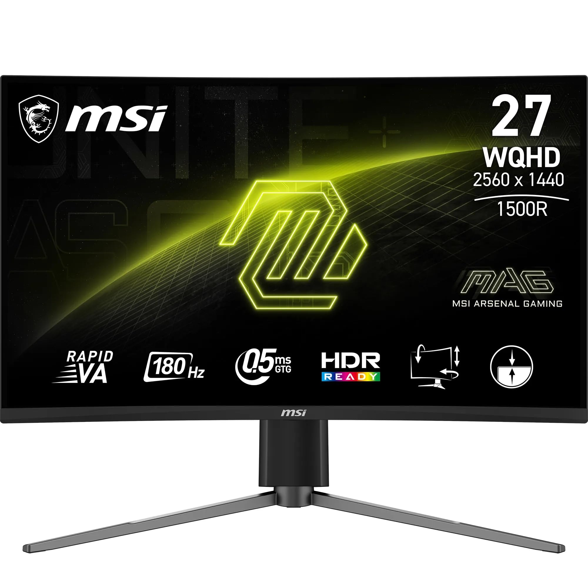 MSI mag 27CQ6PF Monitor Curvo Gaming WQHD 27 Pulgadas, 1500R 2560 x 1440 Rapid VA Panel, 180 Hz / 0.5ms (GtG, Min.), Adaptive-Sync, DP 1.4a, HDMI 2.0b CEC