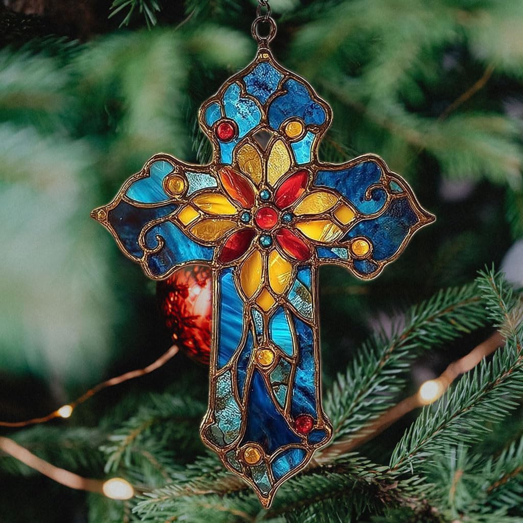 Mosaic Style Christian Cross Tiffany Effect Acrylic Suncatcher Stained Glass Effect Window Car Hanging Christmas Ornament Indoor Outdoor Decor Garden Sun Catcher Panel for Women Mom Grandma