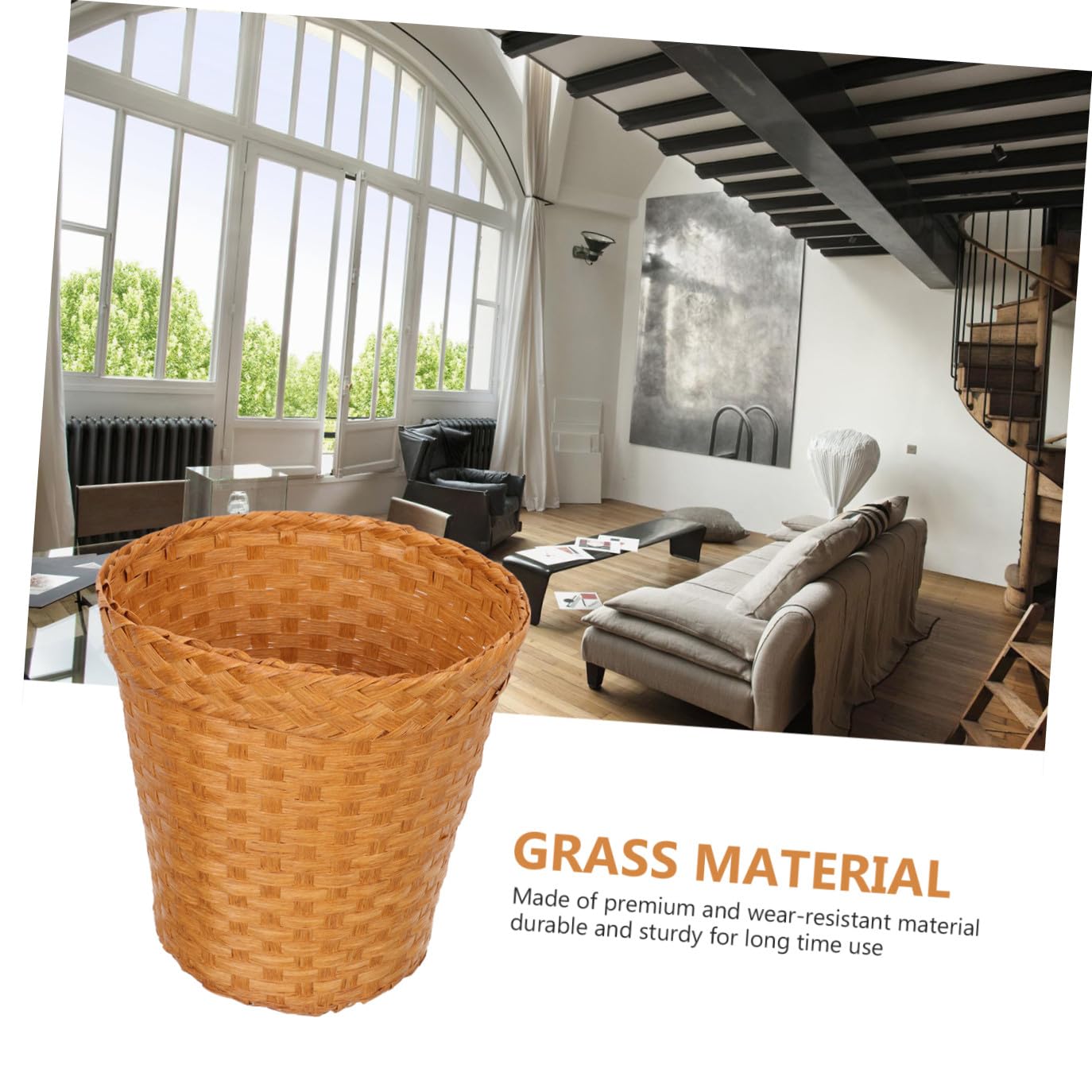 Woven Grass Storage Basket Large Capacity Waste Paper Bin Without Lid for Living Room Bedroom and Office Organization Home Décor