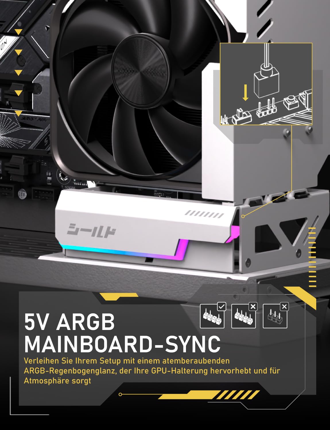 EZDIY-FAB Shield ARGB Aufrechte GPU-Halterung mit PCIe 5.0 Riser–Vertikalhalterung für RTX 50 Serie, 20 Grad verstellbarer Winkel, Magnetisch & Lüfterschlitz Installation, 5V ARGB-Sync – Weiß 600mm