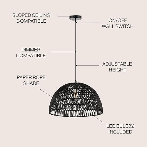 Miniatura 3 de JONATHAN Y JYL6504C - Lámpara colgante de cúpula tejida de 20 pulgadas, lámpara colgante bohemia con altura ajustable para isla de cocina, comedor,