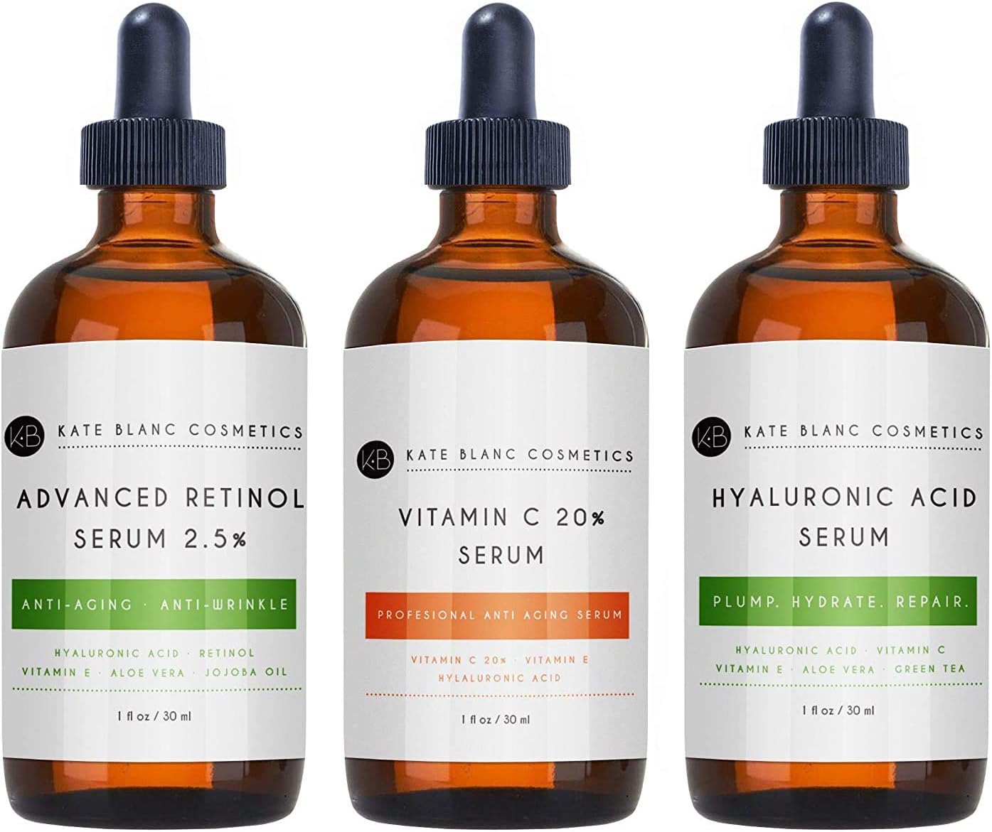 Kate Blanc Cosmetics Anti Aging Serum Set for Women & Men - 98% Natural, 72% Organic. Vitamin C Serum, Hyaluronic Acid Serum, Retinol Serum for Face. Anti Wrinkle & Dark Spot Corrector