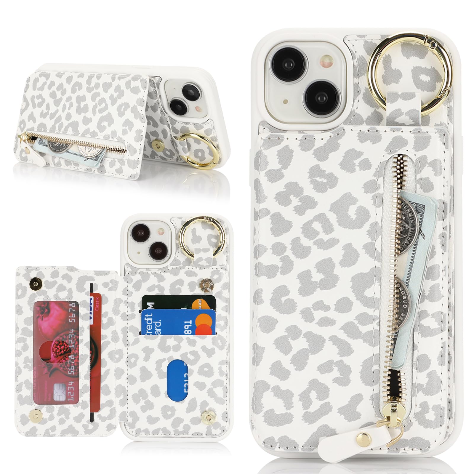 Havaya Funda para iPhone 15 Plus con tarjetero, funda para iPhone 14 Plus, funda tipo cartera para mujeres y hombres, funda de piel con cremallera trasera, funda tipo cartera con anillo, estampado de