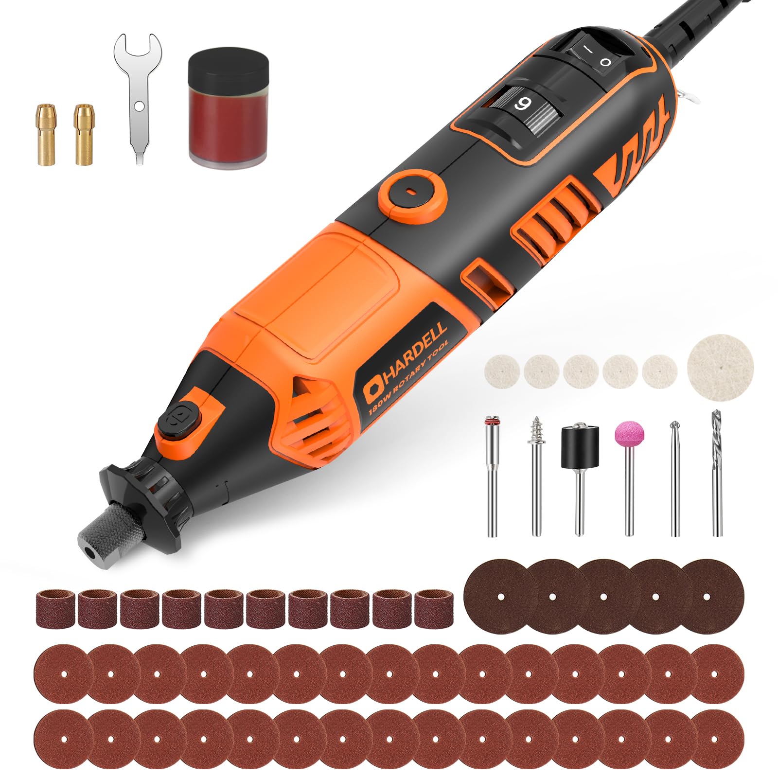 HARDELL Outil Rotatif Multifonction 180W - Outil Rotatif Filaire, 6 Vitesses Variables 8000-35000 tr/min, 61 Accessoires pour Ponçage, Polissage, Découpe, Gravure, Sculpture