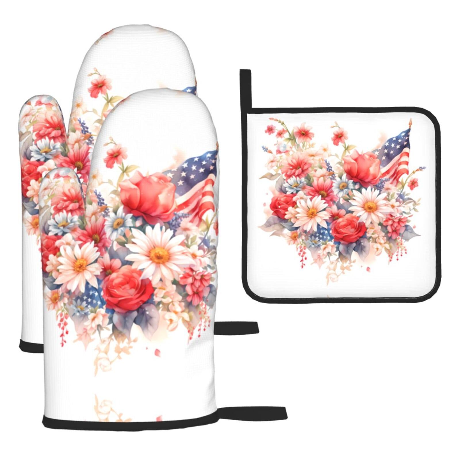 Flags and Chrysanthemums Oven mittens and oven mitts three-piece set suitable for oven, grilling, baking, microwave and home cooking.