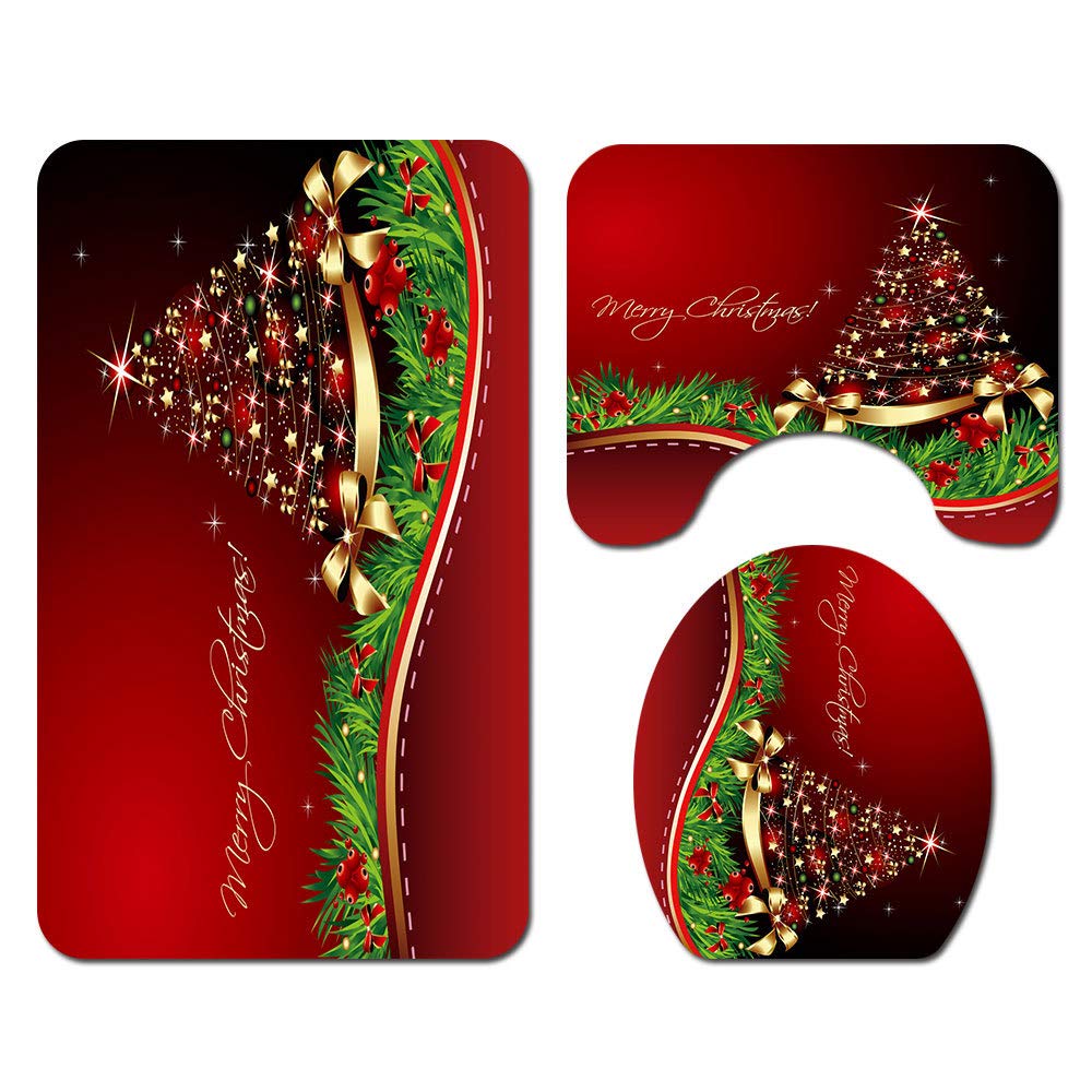 HOT DREAM 3-Piece Snowman Santa Toilet Seat Cover and Rug Set Red Christmas Decorations Bathroom (Style 1)