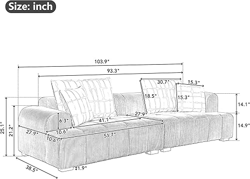 Miniatura 2 de Lifeand Sofá moderno de pana de 103.9 pulgadas, patas de madera de goma, 4 almohadas para sala de estar, dormitorio, sofás de oficina, color beige