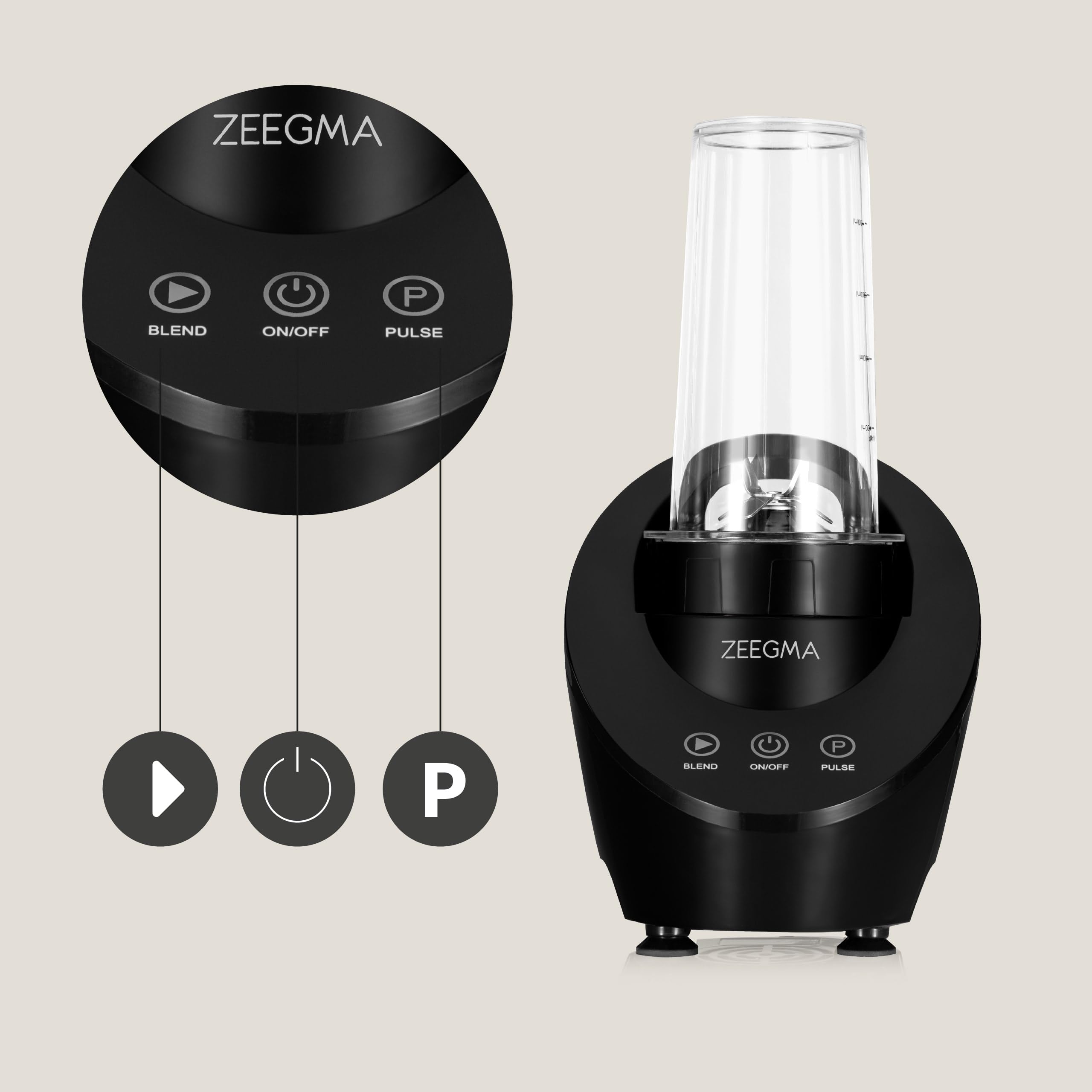ZEEGMA Vitamine Ferro Mini Frullatore Portatile 200 W | Azionamento Magnetico, 2 Bottiglie da 300 ml, 2 Velocità, per Cocktail, Frullati, Ghiaccio e Noci