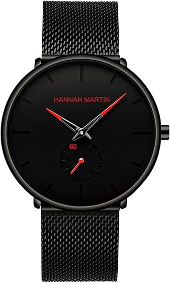 HANNAH MARTIN Men's Watch Blue Black Ultra Thin Watches for Men Fashion  Sports Watch Waterproof with Stainless Steel Mesh Band, red, Strap. :  Amazon.de: Watches