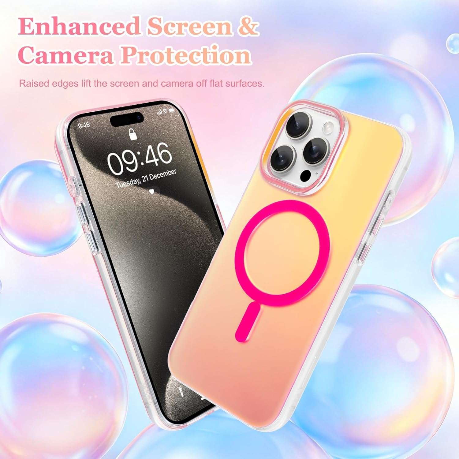 Fiyart Designed for iPhone 15 Pro Max Case - Iridescent Magnetic Cute Phone Cover Compatible with Magsafe - Unique Holographic Aesthetic Shockproof for Women Men-6.7" Rose Red