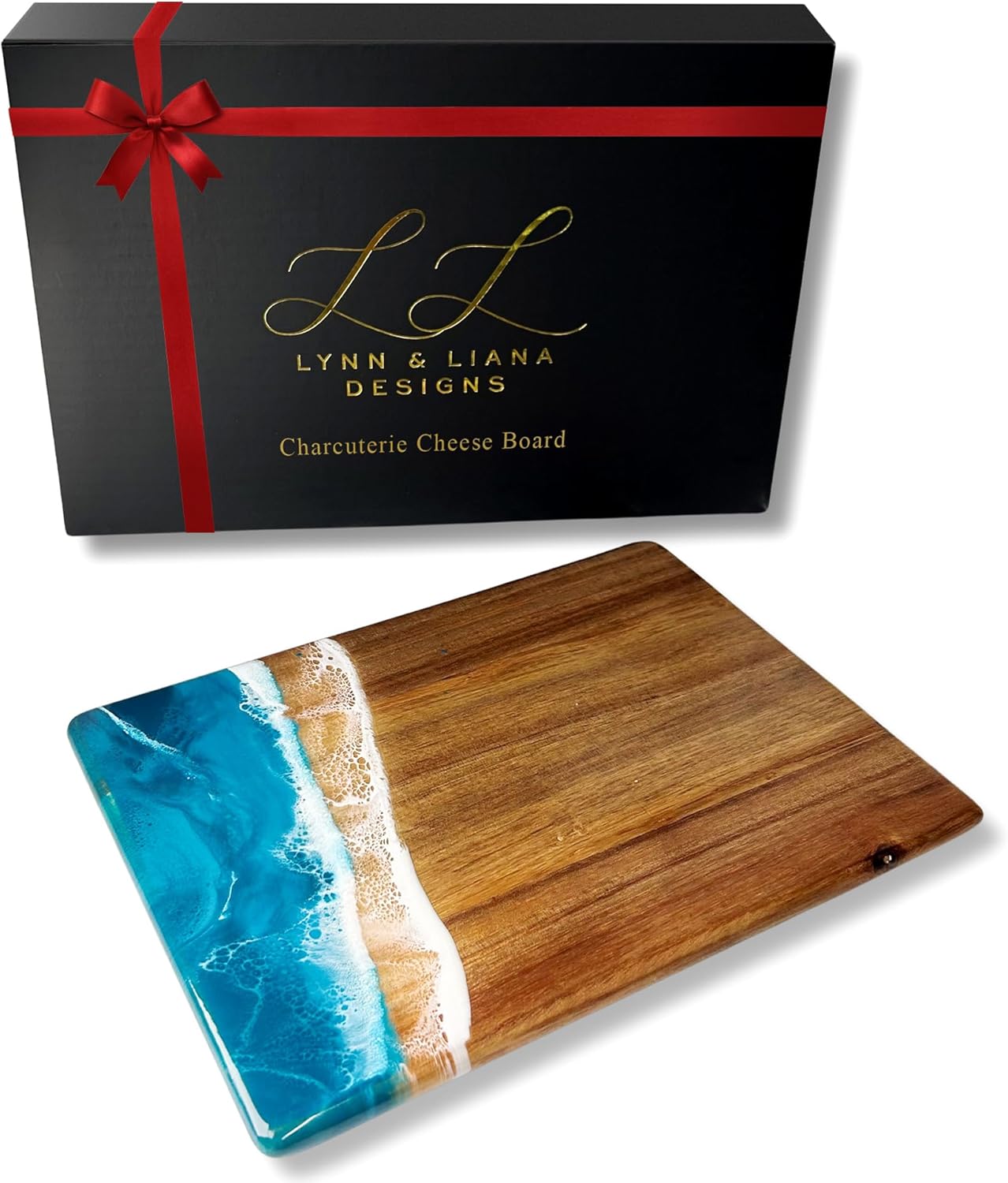 Lynn & Liana Date Night Acacia Cheese Board | Wood Resin Cutting Board | Luxury Charcuterie Board for Serving | Handmade Cutting Board | 8 In x 11 In - Ocean Vibes