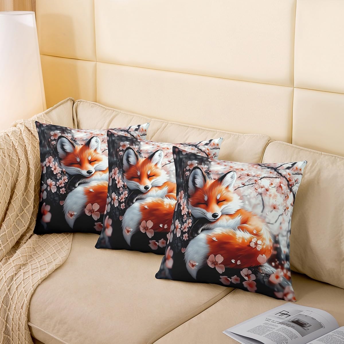 Feelyou Fox Reversible Throw Pillow Covers 24 x 24-Inch Kids Japanese Cherry Blossoms Square Cushion Cases Set of 2 Boys Girls Teens Cute Cartoon Fox Pillowcases Woodland Nature Wildlife