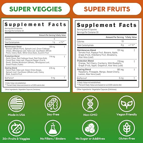 Miniatura 2 de Suplemento de frutas y verduras (suministro de 1 mes) Mezcla 100% de 39 frutas y verduras enteras, llena brechas de nutrición, mejora la energía y