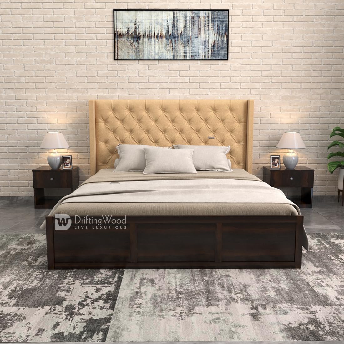 DRIFTINGWOOD Maya Solid Sheesham Wood King Size Bed with Storage | Wooden Double Bed Cot Bed with Box Storage & b Upholstered Cushioned Headboard for Bedroom | Walnut Finish