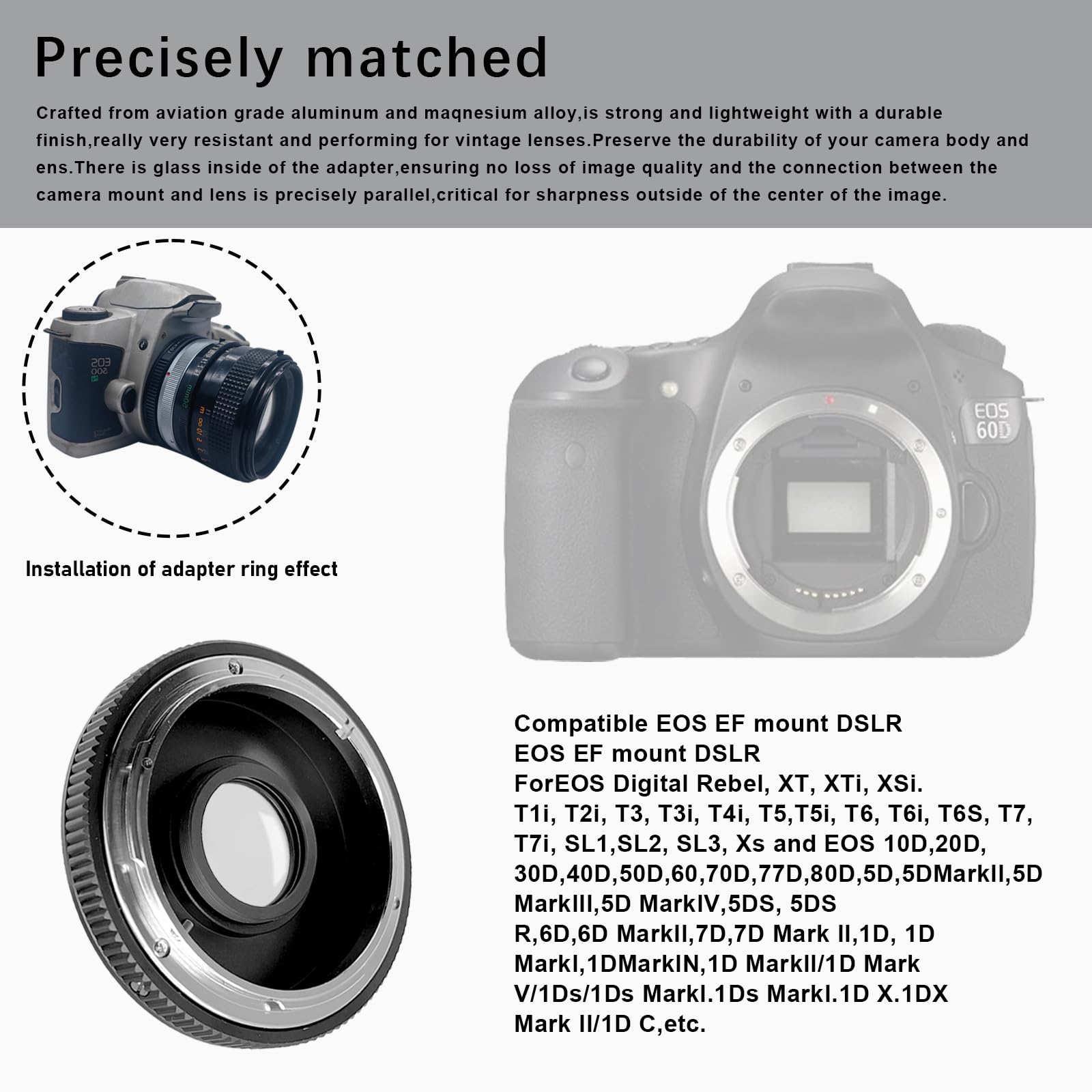 FD-EOS Adattatore per obiettivo per obiettivo Canon (FD/FL), compatibile con fotocamera EOS EF-S Mount 7D,10D,20D,30D, 40D,50D,60D, Rebel xt,T2i,T3,T3i,T4,400D,450D,1300D